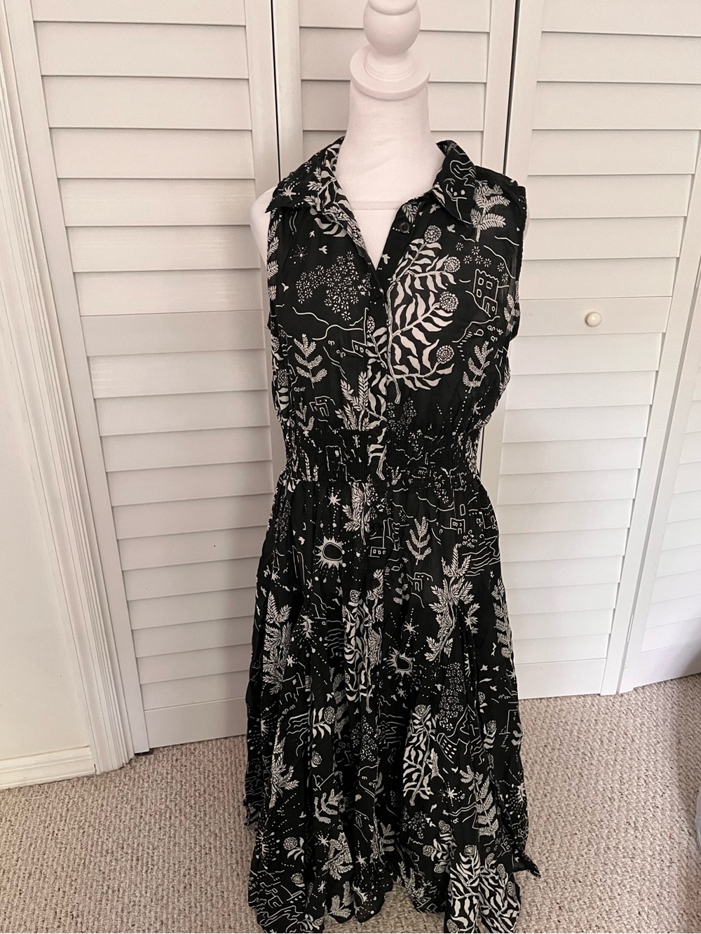 Philosophy Republic Black White Folklore Shirt Dress Smocked XL Boho Floral Sun